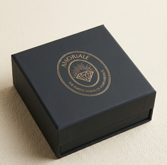 Amoriale Legacy Collection Kit box in black and gold, designed for securely shipping ashes or hair.